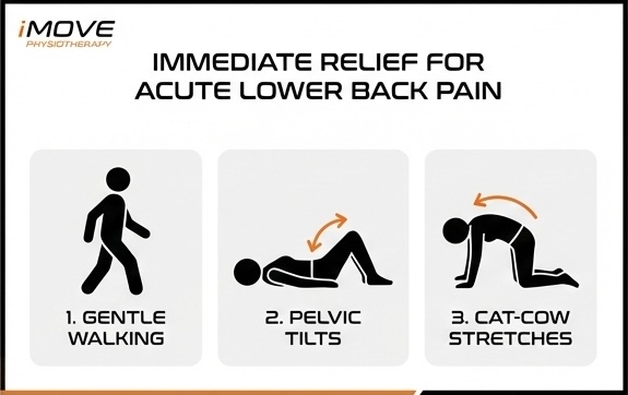 Immediate relief techniques for acute lower back pain - gentle walking, pelvic tilts and gentle stretches